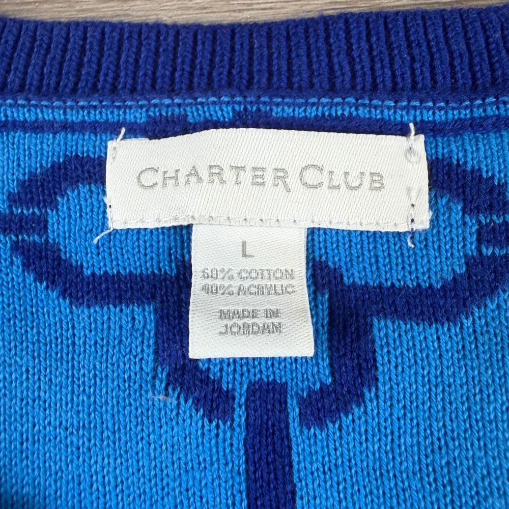 Charter Club Womens Sweater Jacquard Quatrefoil Lapis Blue L